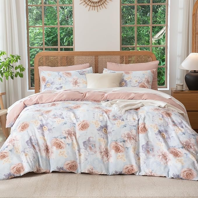 Queen Size Comforter Floral 3 Pieces Soft Chic Crinkle Gauze Fabric Peony Floral Print Lightweight Botanical Flower Comforter for All Seasons Luxury Warmth Comfy Breathable with 2 Pillowcases