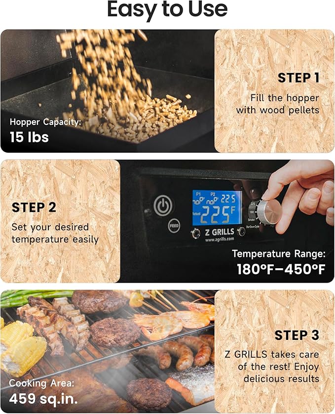 Z GRILLS Wood Pellet Grill Smoker with PID 3.0 Controller, 459 SQ.IN, 450°F Max Temperature, 8 in-1 BBQ Grill, LCD Screen, Meat Probes, Rain Cover, Backyard Camping Bake and Roast, 450E