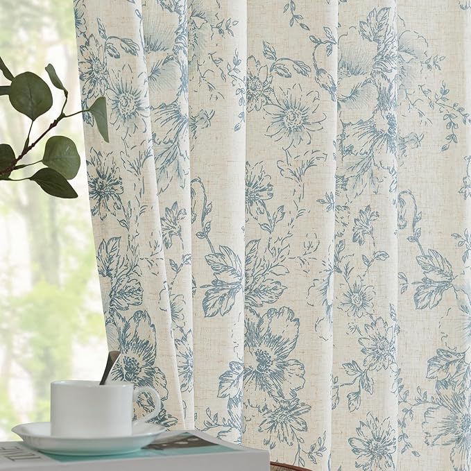 jinchan Linen Floral Curtains Extra Wide for Patio Sliding Glass Door Room Divider Curtain for Living Room 84 Inch Length Farmhouse Peony Blue Printed Curtain Set 1 Panel