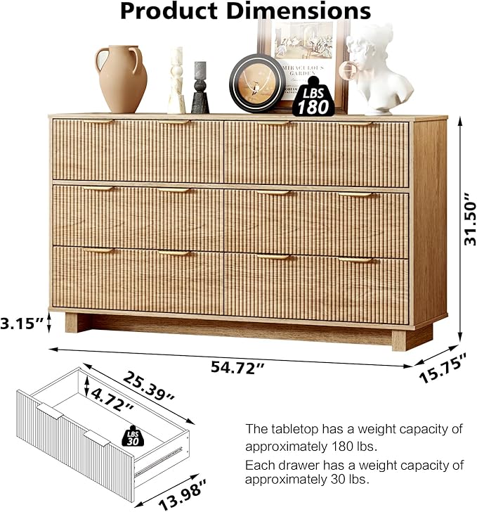 54.72" Modern Chest of Drawer, 6 Deep Drawers,Clothes Organizer,Large Storage Cabinet for Living Room, Bedroom,Dresser TV Stand, Wood Drawer Organizer for Living Room, Hallway, Timber