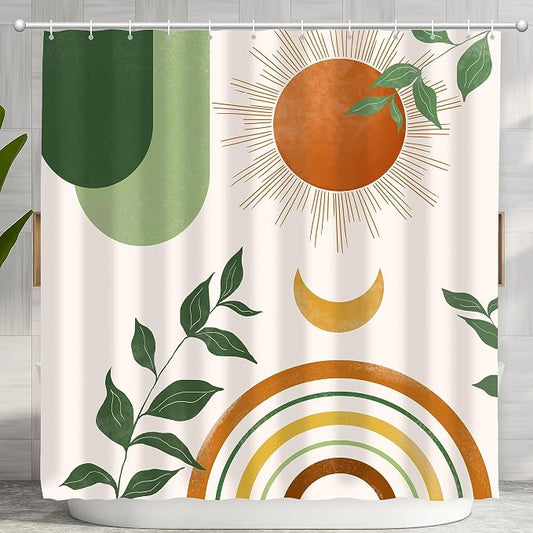 Mid Century Abstract Boho Aesthetic Shower Curtain Set, Green Nature Leaf Sun Modern Minimalist Home Bathroom Curtain Decor with 12 Hooks 84 Inch Wide * 72 Inch High