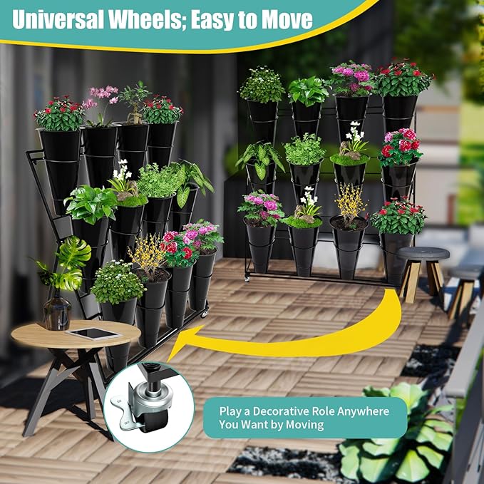 3 Layers Flower Display Stand with 12PCS Buckets Moving Fresh Flower Rack Metal Florist Bouquet Shelf with Wheels Flower Display Stand for Indoor Living Room Florist,39.3*19.6*43.3inch,Black