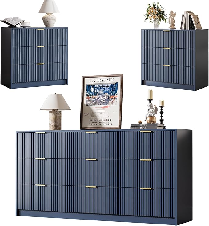 3-Piece Dresser Bedroom Set, 9 Drawer Dresser & 3 Drawer Nightstands with Gold Handles, Fluted Wood Chest of Drawers for Bedroom, Living Room, Entryway, Navy Blue