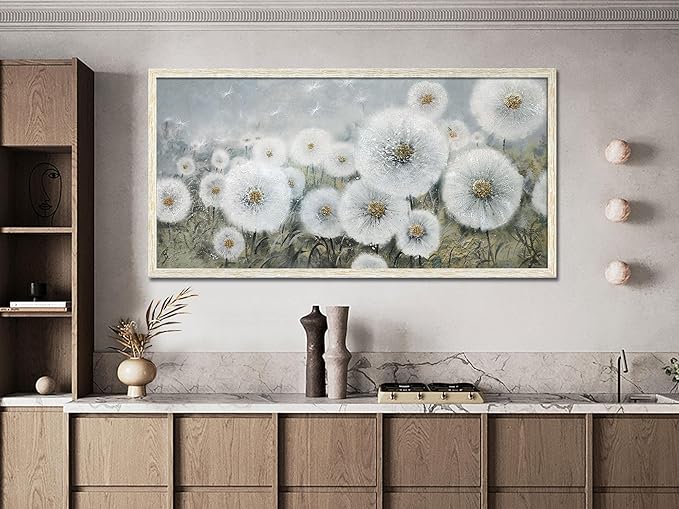 Ardemy Dandelion Wall Art Large Framed Floral Canvas Art Wall Decor Living Room Flower Paintings Pictures Textured Artwork For Walls Dining Room Bedroom Home Office, 48"x24"