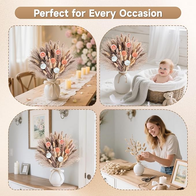 Pampas Grass Boho Home Decor 101PCS 17 inch Natural Dried Flowers for Vase Pompas Eucalyptus Stems, Artificial Flowers Bouquet DIY Arrangements Boho Wedding Bedroom Tables Rustic Decoration