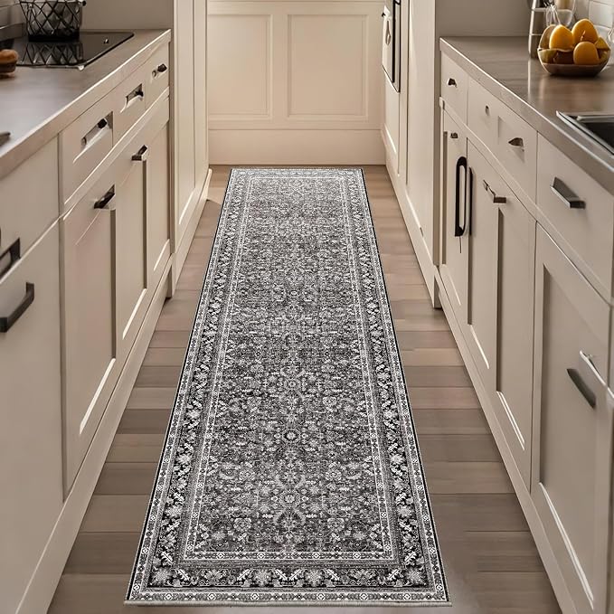 OPPODREAM Vintage Black 2x8 Runner Rug, 2 x 8 Retro Washable Rug Non Slip, Low-Pile Faux Wool Carpet, Distressed Floor Mat for Kitchen, Hallway, Entry-Way, Entrance, Indoor Back Door