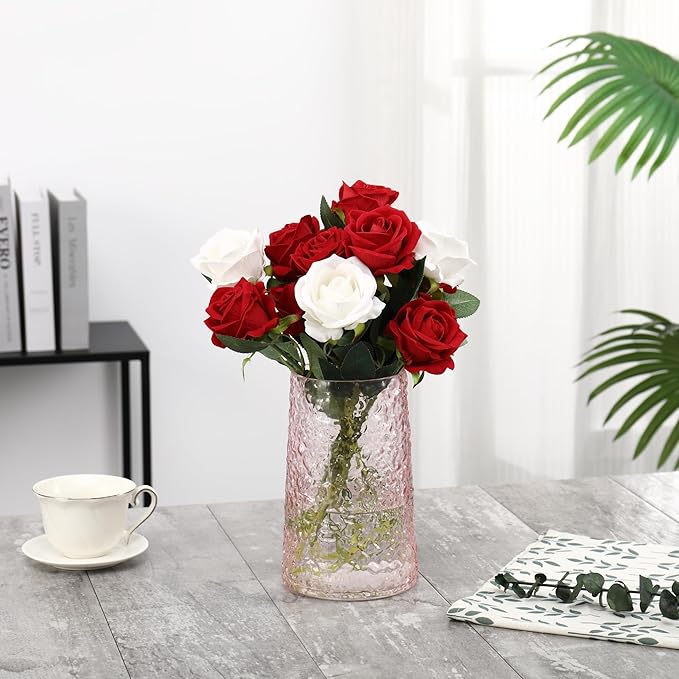 Pink Glass Vase, Flower Vases for Bouquet, Modern Glass Vase for Flowers, Large Vases for Living Room, Bedroom, Kitchen, Office, Wedding, Dining Table, 8 Inches