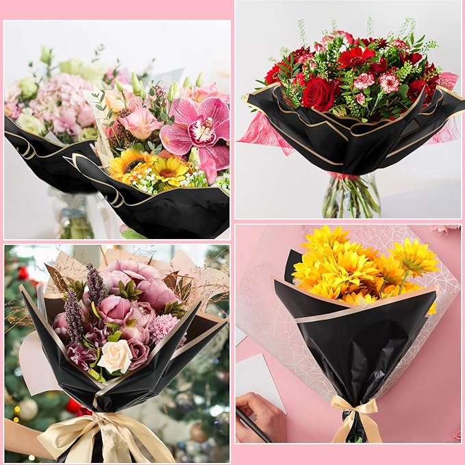 Yahenda 420 Sheet Black Flower Wrapping Papers Flower Bouquets with Gold Edge Korean Style Wrapping Paper for DIY Craft Package Decoration Floral Supplies, 23 x 23 Inch