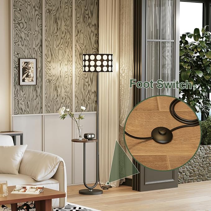 62.9" Floor Lamp with Table Brown, Black Lampshade Vintage Standing Lamp with Tray Foot Switch, 3 Color Temperatures LED Bulb Included, for Living Room, Bedroom