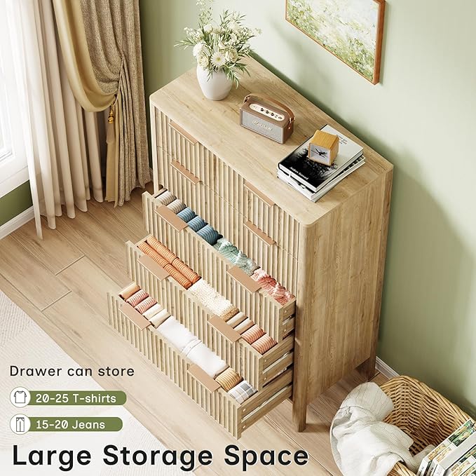47" Tall Dressers for Bedroom Fluted 5 Drawer Dresser, Wooden Dresser Modern Chest of Drawers Dressers with Organizer Storage for Bedroom, Living Room, Entryway, Oak
