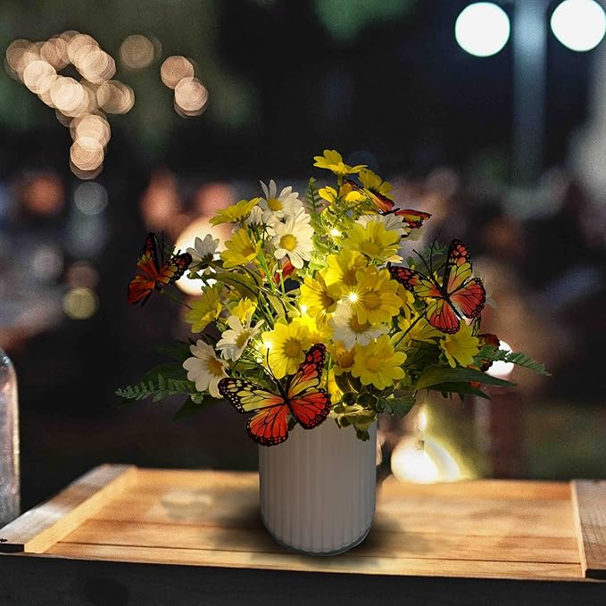HOSY Artificial Daisy Bouquet in Glass Vase with Fairy Lights, Silk Flower and Butterfly Arrangements for Table Centerpiece Decoration (Daisy)