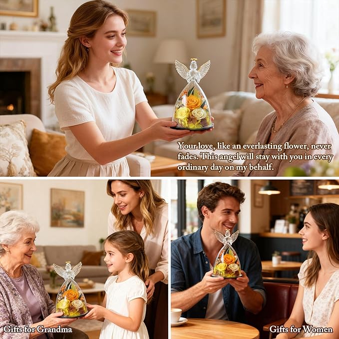 Christmas Roses Gifts for Mom,Preserved Real Flowers Roses in Glass Angel Figurines, for Grandma Women Mom Wife Mother in Law/Yellow