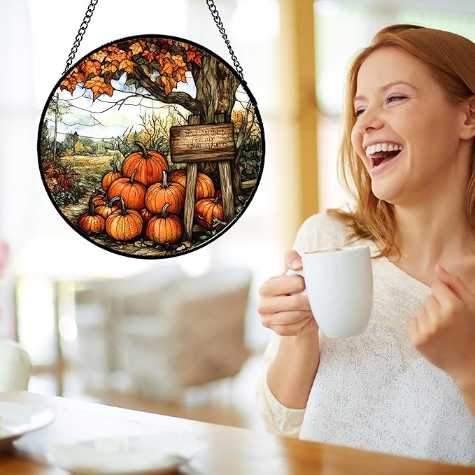 Stained Glass Window Hanging Fall Farm Scenery Maple Trees Pumpkin 6.3" - Suncatcher Door Garden Kitchen Sun Catcher Autumn Decor Birthday for Mom Nana Men Woman Friend