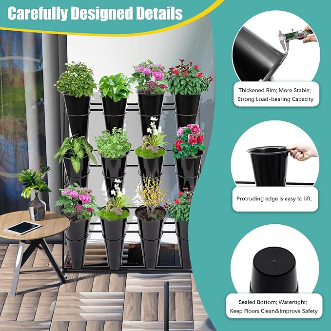 Flower Display Stand with 12 Buckets, 3 Layer Metal Plant Stand Indoor with Wheels, Heavy Duty Moving Flower Cart Flower Rack for Outdoor Patio, Garden, Florist