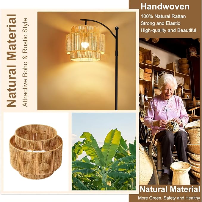 Rattan Floor Lamp with 3 Color Temperatures, Dimmable Boho Floor Lamp with Remote Control, Adjustable Height Tall Lamp for Living Room, Bedroom, Office, Wicker Standing Lamp with Foot Switch