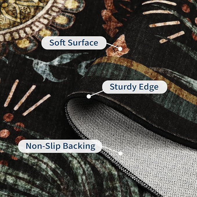 Washable 9x12 Vintage Floral Area Rug Non Shedding Living Room Large Carpet Non Slip Modern Botanical Solid Indoor Carpets Low Pile Floral Rug Soft Thin Foldable Mat for Classroom Dining Room, Black