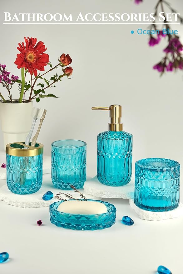 LaMarriti Teal Blue Bathroom Accessories Set, 5Pcs Clear Glass Bathroom Set, Hand Soap Dispenser Set, Soap Dish, Toothbrush Holder, Tumbler, Q-Tips Holder for Crystal Vantage Bathroom Decor