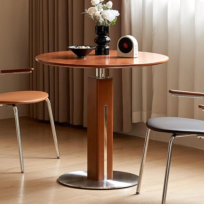 YESWOOD 27.6’’ Small Round Dining Table for 2-3, Solid Wood Circle Kitchen Table with Steel Base, Mid Century Modern Dining Table for Dining Room, Living Room, Coffee, Pub, Teak