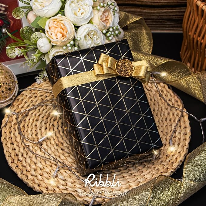 Ribbli Birthday Wrapping Paper Black and Gold Gift Wrap for Father's Day Men Husband Boyfriend Mini Roll, 3 Rolls Geometry Pattern - 17 inch x 120 inch(10feet) Per Roll