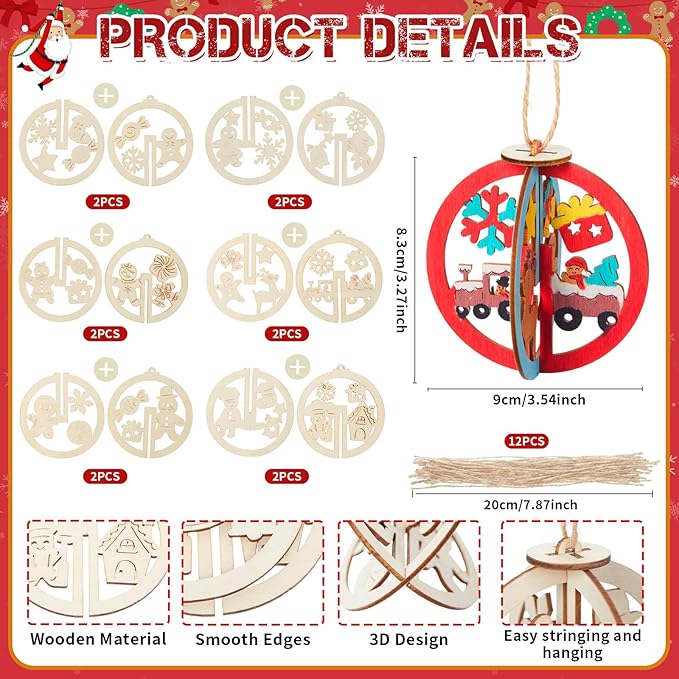 Chunful 24 Pcs DIY Christmas Wooden Ornaments 3D Unfinished Wood Crafts to Paint Christmas Hanging Cutouts Blank Hollow Wood Santa Reindeer Snowman Slice for Xmas Tree Decorations(Gingerbread)