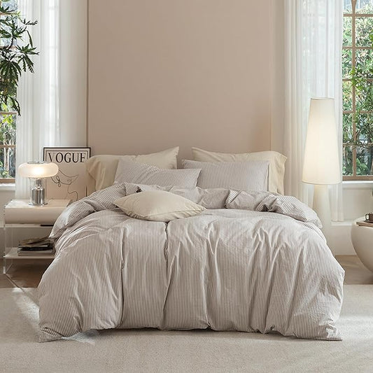 JIYUAN 100% Washed Cotton Striped Duvet Cover Set 3 Pieces Queen, 1 Duvet Cover and 2 Pillowcases(Comforter Not Included),Linen Like Bedding Set Comfy and Breathable,Pinstripes-Heathered Taupe White