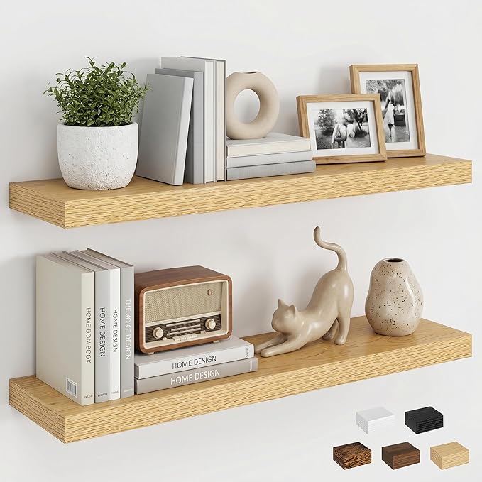 Dreamland Floating Shelves for Wall, 27.5 Inch Long Shelves, Wall Decor for Bedroom, Kitchen, Living Room & Book Storage, Mounted Floating Shelf with Invisible Brackets, Set of 2, Oak