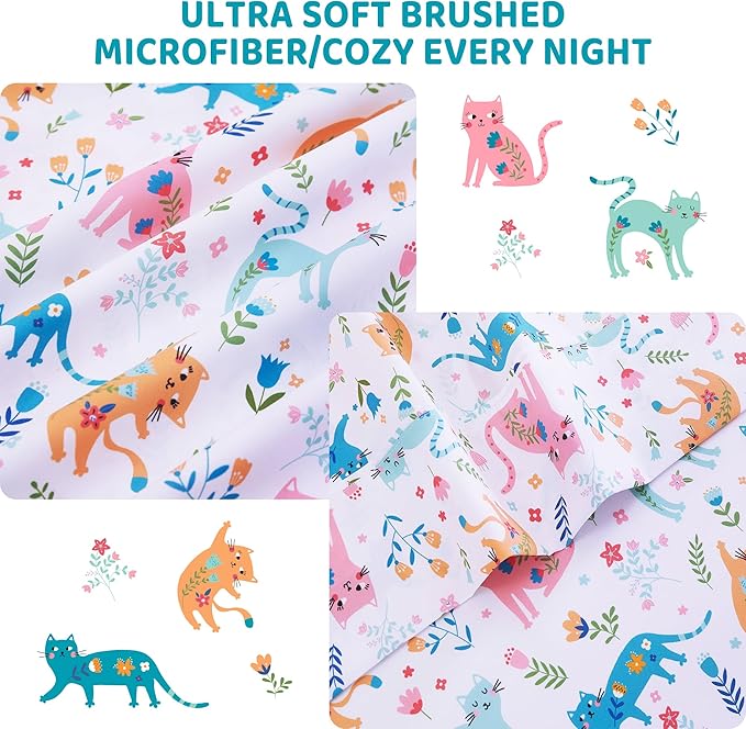 Viviland 3 Pieces Girls Pink Cat Twin Sheet Set - Soft Microfiber Fitted Flat Sheets & Pillowcase - Kids Colorful Floral Leaf Print Bedding Sets - for Kids & Toddlers