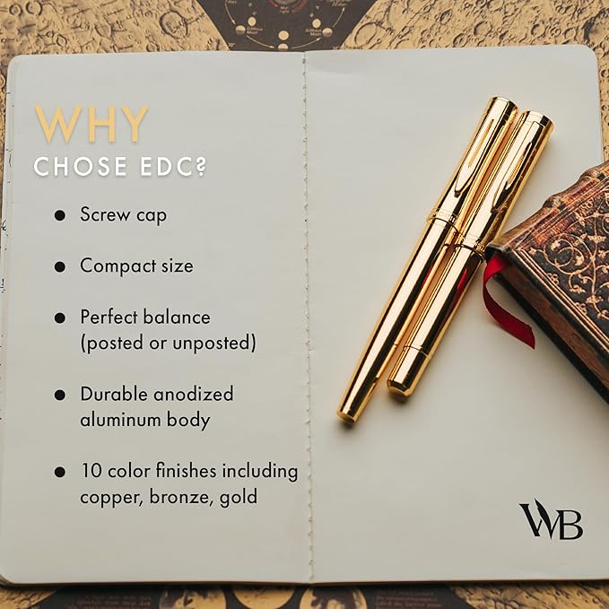 Wordsworth and Black Fountain Pen Mini EDC: Luxury Gold Heavy Pocket Pen, Gold Finish, Medium Nib, 6 Ink Cartridges, Ink Converter, Travel Refillable Writing Pen Gift Set, Men & Women