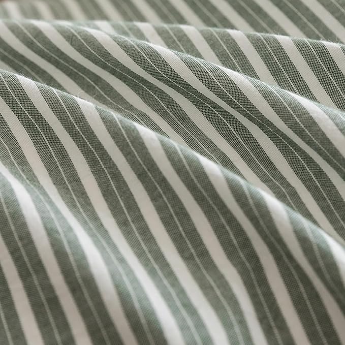 JIYUAN 100% Washed Cotton Striped Duvet Cover Set 3 Pieces Queen, 1 Duvet Cover and 2 Pillowcases(Comforter Not Included),Linen Like Bedding Set Comfy and Breathable,Pinstripes-Heathered Green White