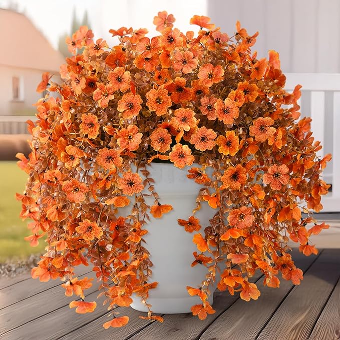 Artificial Fake Fall Flowers Faux Mums for Outdoor Decoration, 2 Pcs Fake Silk Daisy Flower Plants Realistic UV Resistant for Home Porch Balcony Patio Autumn Decor(Orange