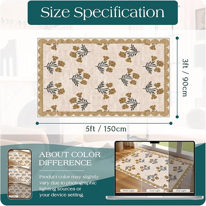 3x5 Floral Entry Rug - Small Washable Indoor Outdoor Mats for Front Door Non-Slip Porch Rug Beige Vintage Farmhouse Throw Rugs for Living Room Bedroom Entryway Kitchen Office Porch Decor