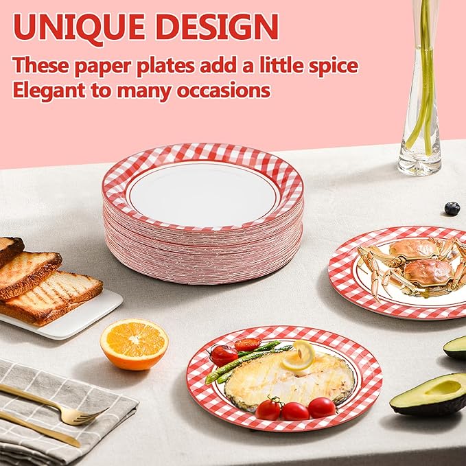 100 PCS Red and White Checkered Plates, Disposable 7 Inch Plaid Paper Dessert Plates, Dinnerware Set for Camp Barbecues, Bachelorette, Birthday Party Thanksgiving Christmas Decor, Serves 100 Guests