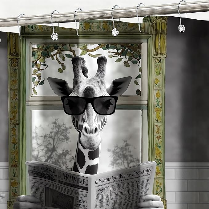 Rustic Shower Curtain Giraffe Reading Newspaper Shower Curtains for Bathroom Waterproof Fabric Bath Curtain Decor with Hooks