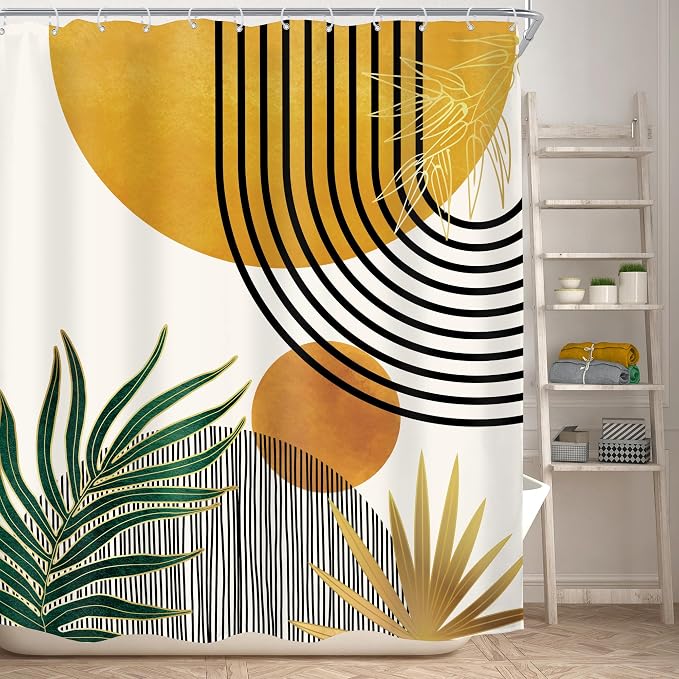 KOMLLEX Mid Century Boho Shower Curtain for Bathroom Decor Abstract Modern Sun Minimalist Aesthetic Arch Curve Leaves Geometric Yellow Gold Neutral Fabric Waterproof Polyester 12 Hook 60Wx72L
