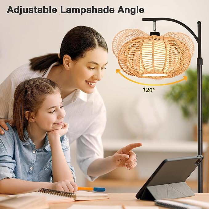 ZECOXOL Arc Floor Lamps for Living Room Bedroom Rattan Boho Floor Lamp with Remote Control,Dimmable Led Standing Lamp Wicker Lamp Shade Rustic Tall Floor Lamp Modern Flower Lamp for Bedroom Corner
