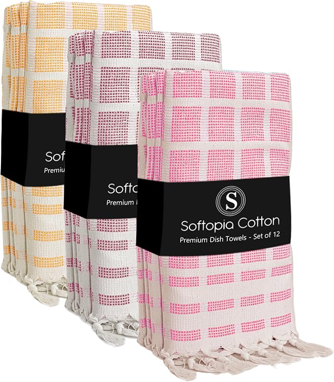 Matrix Dobby Kitchen Towels Set of 12, 100% Cotton, Combo Pack, 16"x26", Absorbent Tea Towels with Handmade Tassels, Reusable Cleaning Cloths - Rose Pink, Burgundy, Mustard Yellow