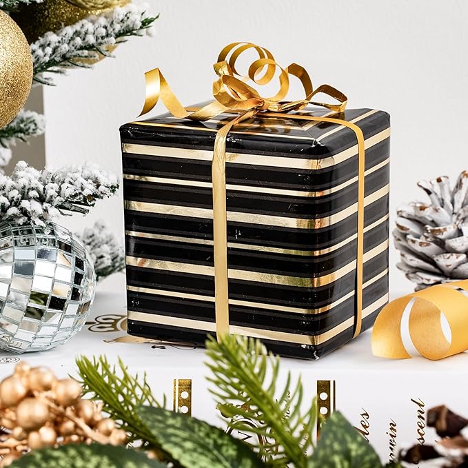 LeZakaa Black Gold Wrapping Paper, Luxury Metallic Gift Wrap with Polka Dots, Stripes & Peacock Feather Pattern for Birthday, Wedding, Bridal Shower, 17 x 120 inches 3 Rolls, Mini Roll