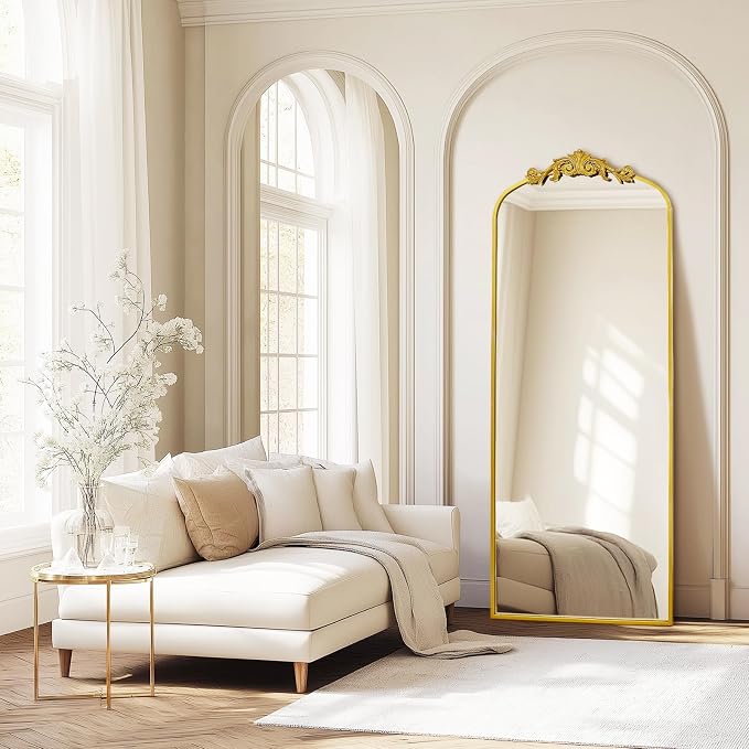 71" x 30" Gold Arch Full Length Mirror, Vintage Ornate Baroque Floor Mirror with Decorative Crown, Large Arched Wall Mounted Dressing Mirror for Bedroom, Living Room, Entryway
