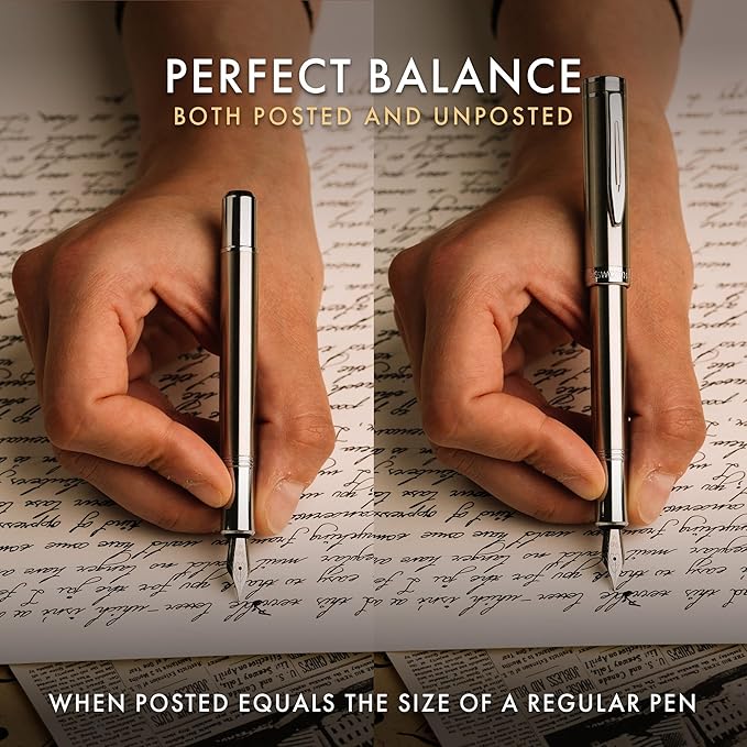 Wordsworth and Black Fountain Pen Mini EDC: Luxury Silver Heavy Pocket Pen, Chrome Finish, Medium Nib, 6 Ink Cartridges, Ink Converter, Travel Refillable Writing Pen Gift Set, Men & Women