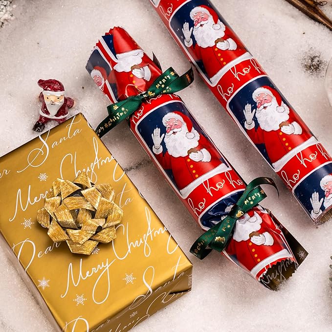 MAYPLUSS Vintage Christmas Santa Wrapping Paper Roll - 17 Inch X 33 Feet - Reversible Red Festive Season's Greetings Santa Holiday Christmas Gift Wrap Thick Paper for Holiday, Birthday, New Year
