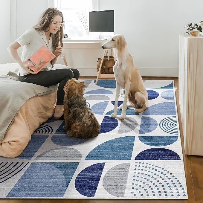 MUJOO Washable Rugs 9x12,Blue Large Area Rugs for Living Room Bedroom Dining Room,Boho Throw Floor Carpet Non Slip Soft Modern Abstract Navy Blue