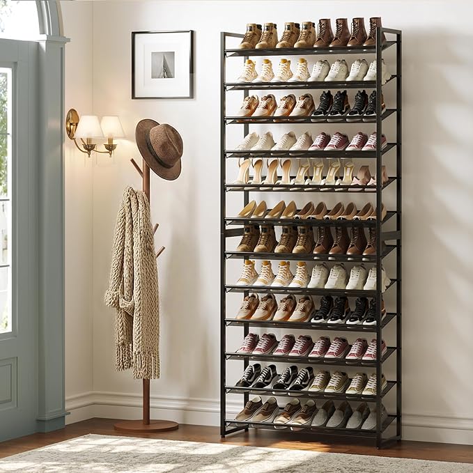 Nunsino Shoe Rack,12 Tier Metal Shoe Organizer,Max Holds 60 Pairs,Heavy Duty Shoes Shelf for Garage, Entryway, Closet,Black