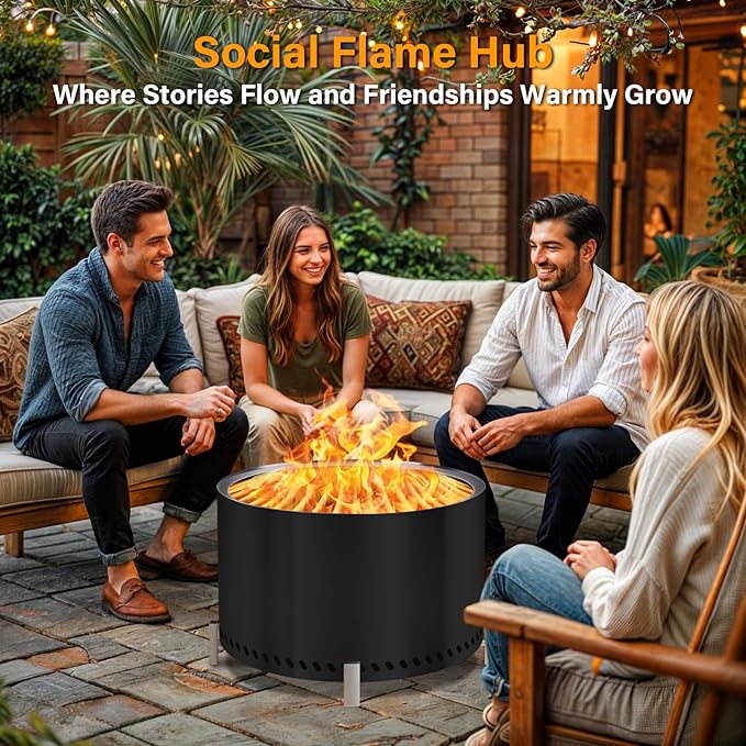 HGD 28" Smokeless Firepit with Stand, Stainless Steel Wood Burning Fire Pit for Friends & Family Gatherings, Secondary Combustion Outdoor Patio Stove for Garden BBQ & Bonfire (Black)