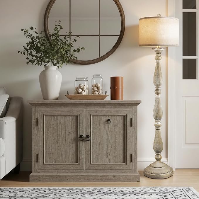 PARTPHONER Vintage Floor Lamp for Living Room, Rustic Farmhouse Standing Lamp with Rotary Switch and Linen Shade, Retro Resin Floor Lamp for Bedroom, Corner, Dining Room, House Decor, Grey