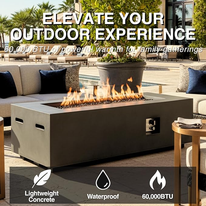 HillAethel 60-Inch Rectangular Propane Fire Pit Table, 60,000 BTU Concrete Outdoor Gas Fire Pit Table with Waterproof Cover, Tank Seat, Free Lava Rocks, for Outside Patio Backyard, Dark Grey