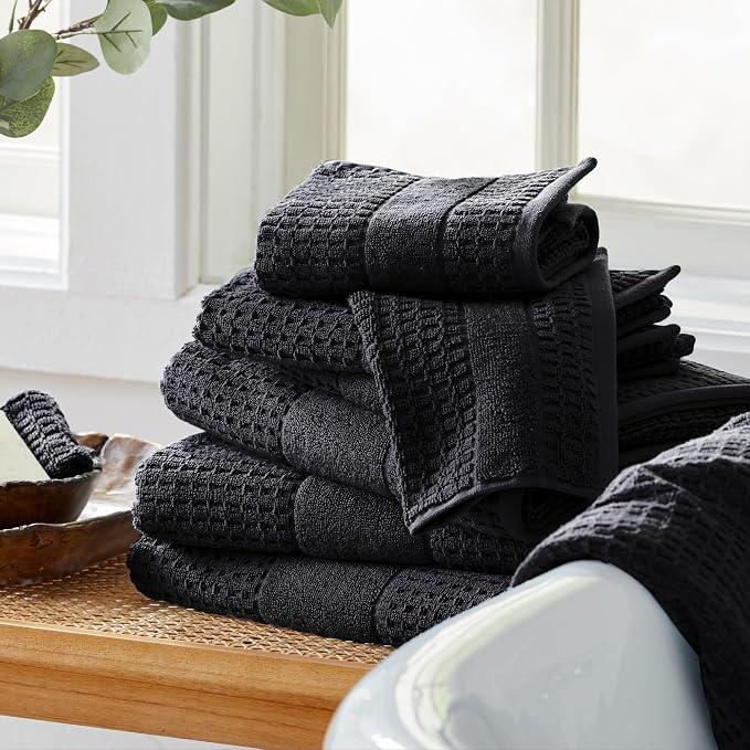 Market & Place 100% Cotton Super Soft Luxury Hand Towel Set | Quick-Dry and Highly Absorbent | Waffle Textured | 550 GSM | Includes 6 Hand Towels | Harper Collection (Black)