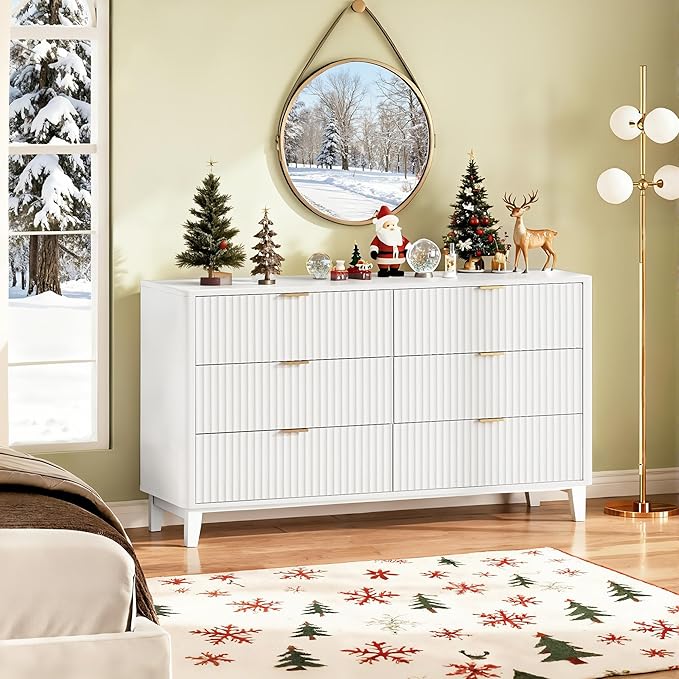 WLIVE Fluted Dresser for Bedroom with 6 Drawers, 54" Wide Wood Dresser with Golden Metal Handles, TV Stand for 65 inch TV, Mid Century Modern Chest of Drawers for Living Room, Hallway, Closet, White