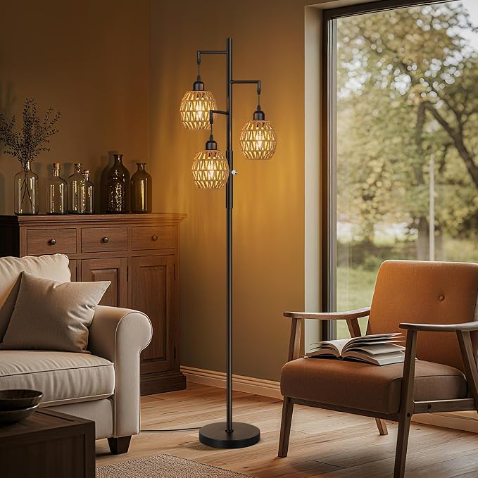 ROTTOGOON Dimmable Boho Floor Lamp - 3 Light Farmhouse Rattan Floor Lamps for Living Room, Tree Floor Lamps with Bohemian lampshades, Rustic Standing Tall Lamps for Bedroom, Office, 68", 6W, Black