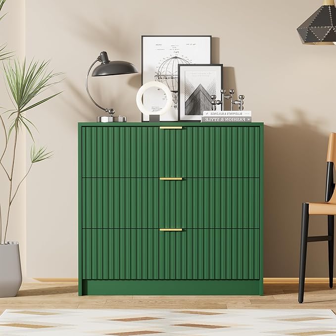 Green Dresser for Bedroom, Modern Dresser with 3 Drawers and Smooth Slides, Wide Chest of Drawers with Golden Handles for Bedroom, Living Room, Closet, 15.7" D x 31.5" W x 29.6" H