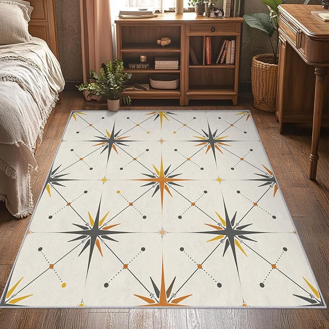 Atomic Rugs for Bedroom 4x4 ft, Mid Century Modern Area Rugs for Living Room, Washable Non Slip Low Pile Starburst Carpet, Home Decor PF-P 107
